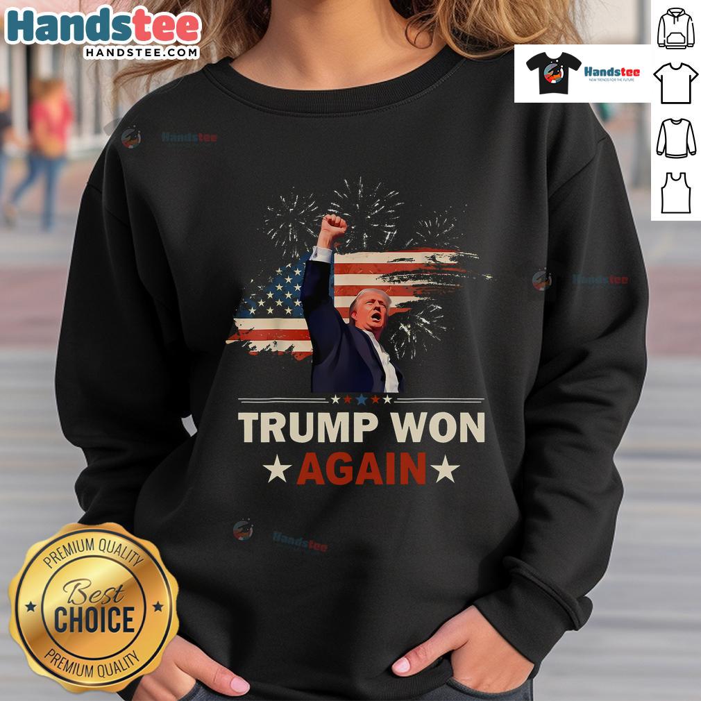 Alt Text: Awesome Trump Won Again 2024 Election sweatshirt featuring the American flag, celebrating the 47th President.
