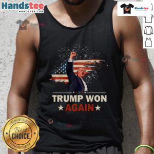 Awesome Trump Won Again 2024 Election tank top featuring the American flag, celebrating the 47th President.