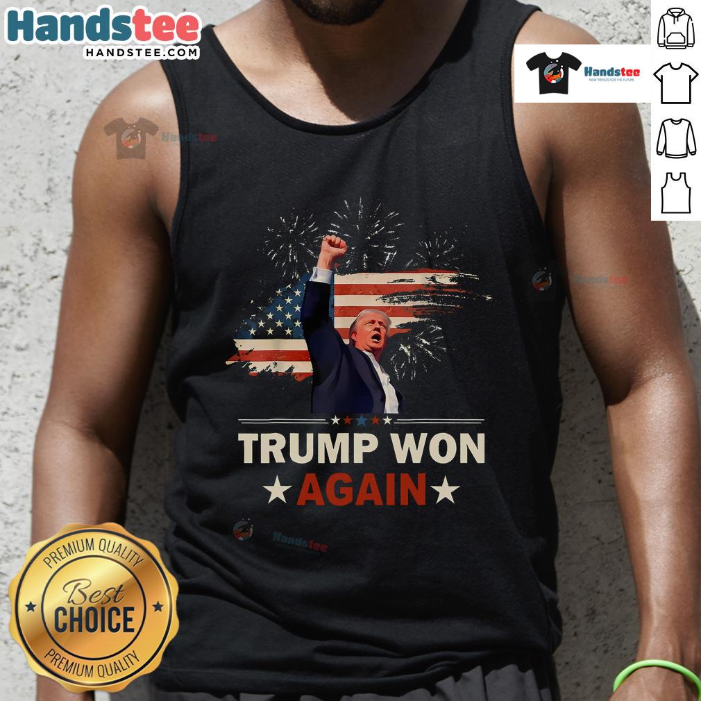Awesome Trump Won Again 2024 Election tank top featuring the American flag, celebrating the 47th President.