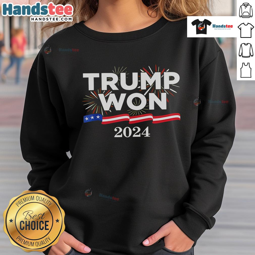 Alt Text: Awesome Trump Won Again 2024 Sweatshirt featuring bold text and patriotic colors, perfect for political supporters.