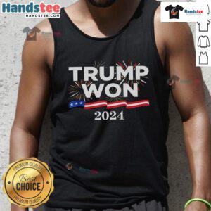 Awesome Trump Won Again 2024 tank top featuring bold graphics and patriotic colors for supporters of Donald Trump.