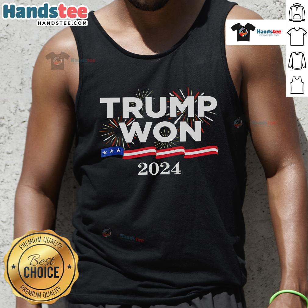 Awesome Trump Won Again 2024 tank top featuring bold graphics and patriotic colors for supporters of Donald Trump.