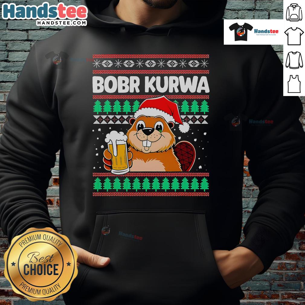 Festive Cute Bobr Kurwa Bober hoodie featuring a Christmas beer design, perfect for holiday celebrations and winter wear.