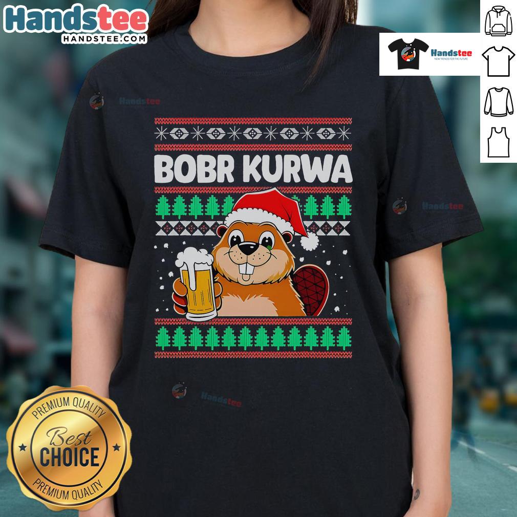 Festive ladies' tee featuring a cute bobber design for Christmas beer lovers, perfect for holiday celebrations.