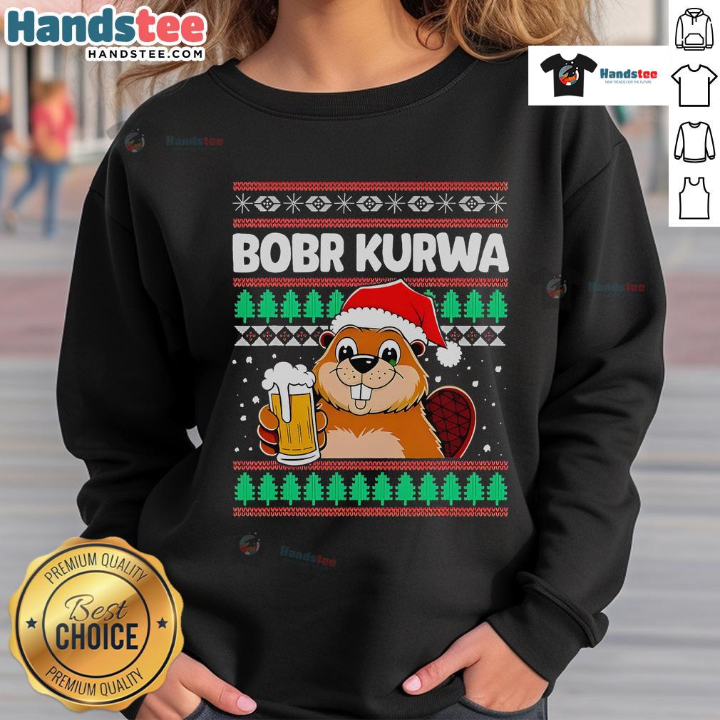 Adorable Christmas sweatshirt featuring a cute Bobr Kurwa Bober design with festive beer theme for the holiday season.