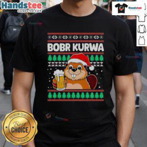 Funny Christmas Beer T-Shirt featuring a cute Bobr Kurwa Bober design, perfect for holiday celebrations and festive gatherings.