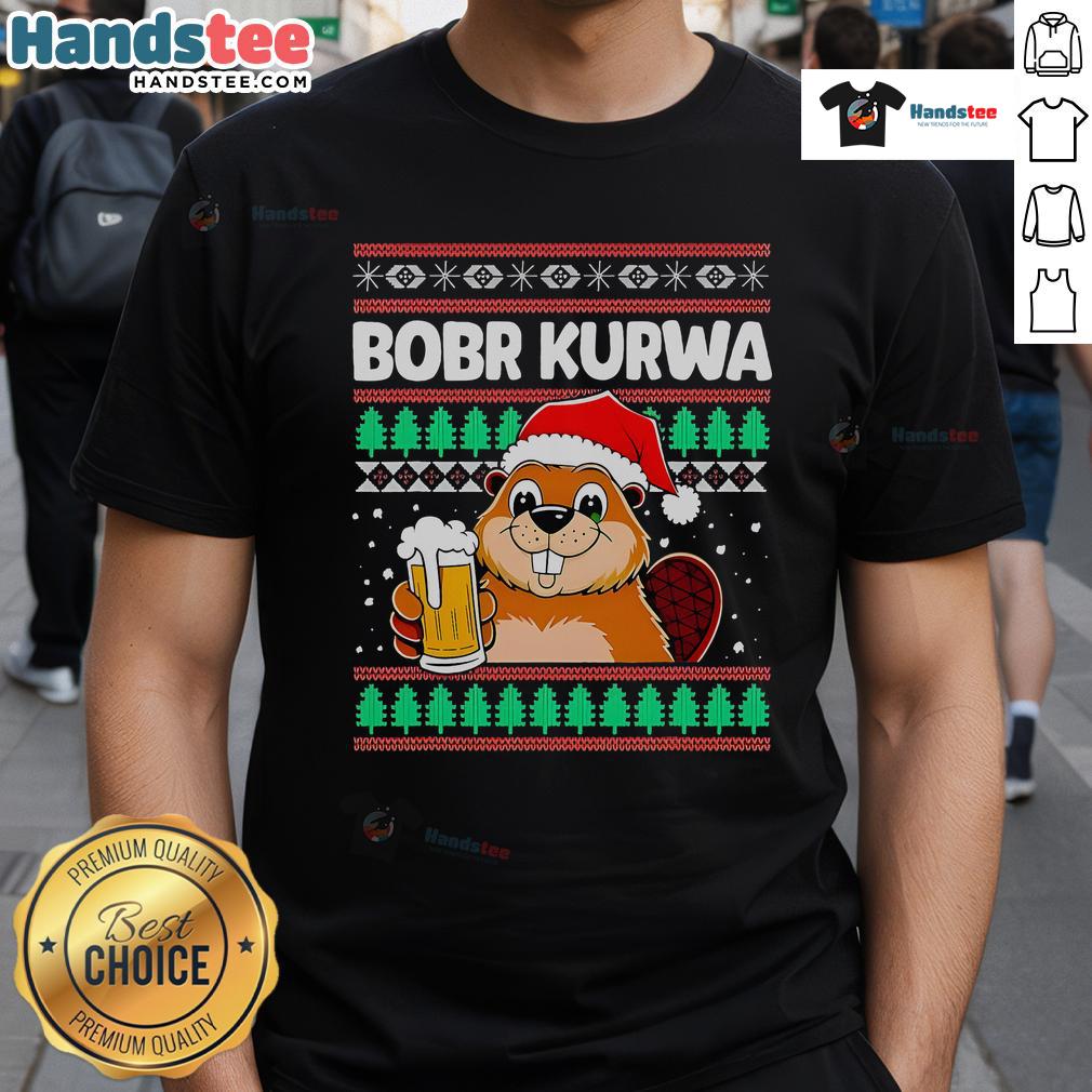 Funny Christmas Beer T-Shirt featuring a cute Bobr Kurwa Bober design, perfect for holiday celebrations and festive gatherings.