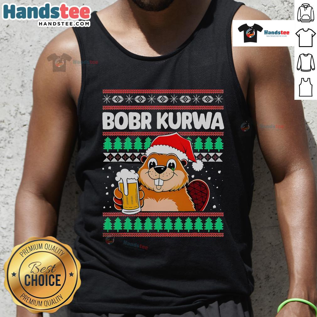 Funny Christmas beer tank top featuring a cute Bobr Kurwa design, perfect for holiday parties and festive celebrations.