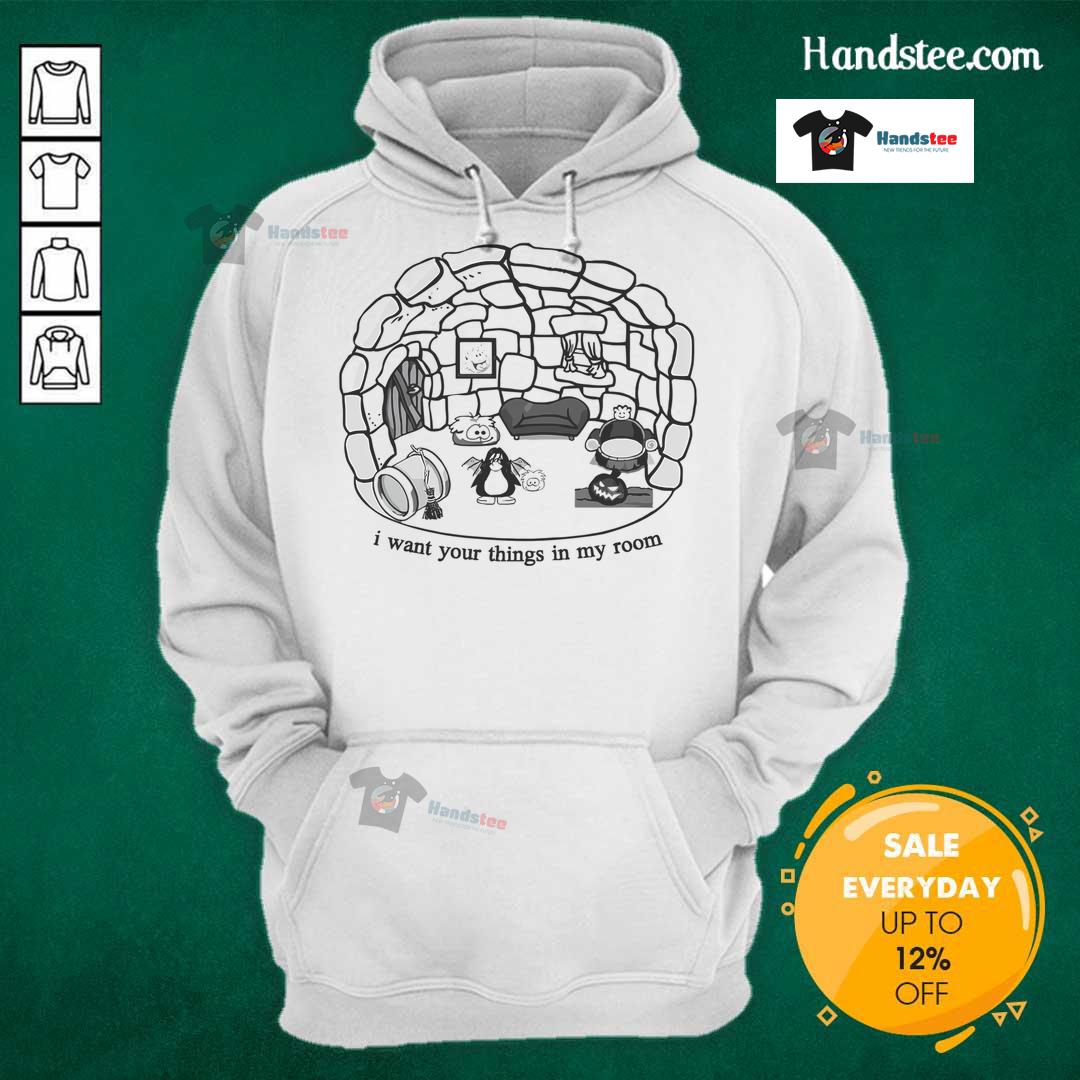 Cute Club Penguin I Want Your Things In My Room hoodie in vibrant colors, showcasing playful design and cozy style.