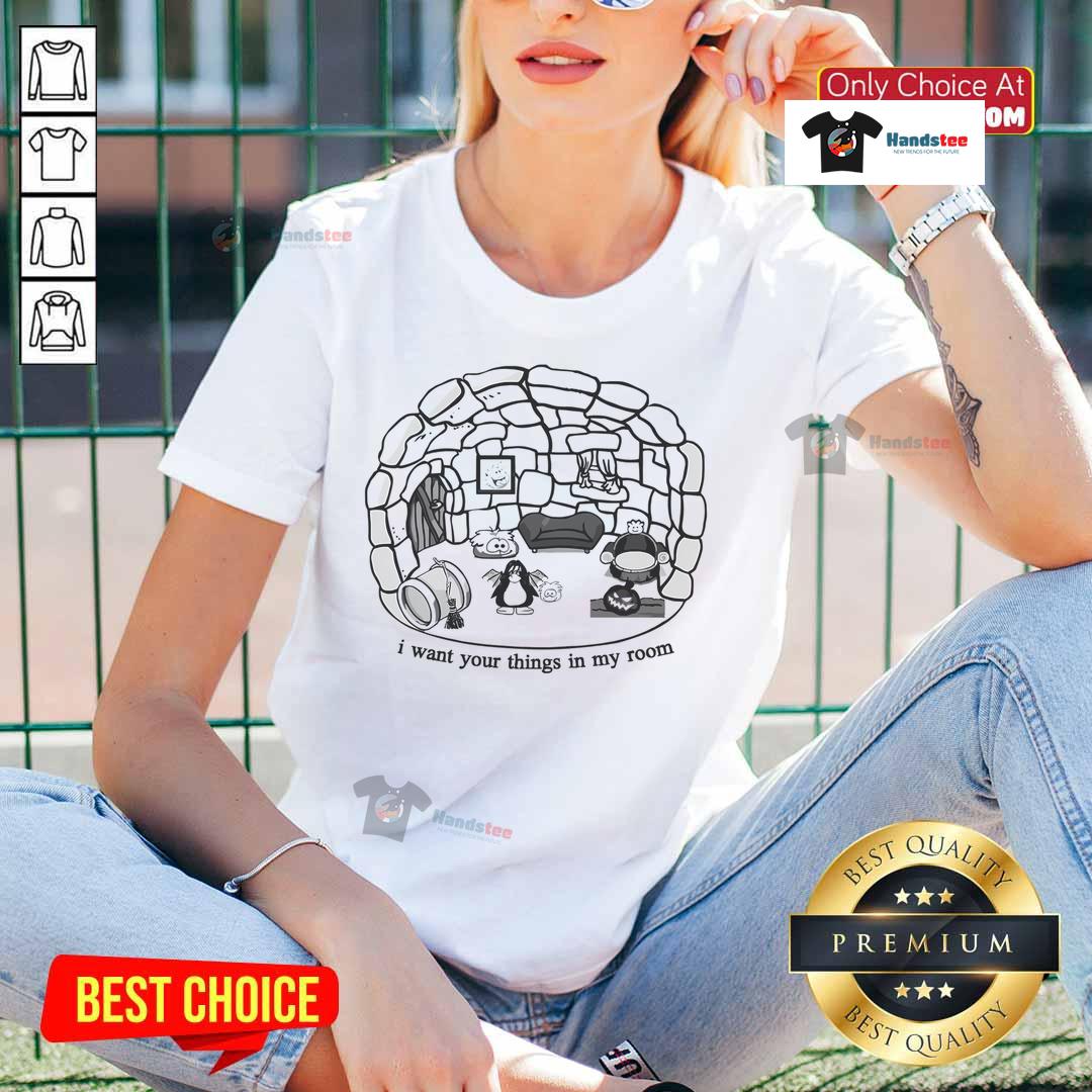 Alt Text: Cute Club Penguin I Want Your Things In My Room Ladies Tee featuring vibrant graphics and playful design.