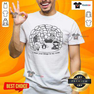 Alt Text: Cute Club Penguin I Want Your Things In My Room T-Shirt featuring playful graphics and vibrant colors for fans.