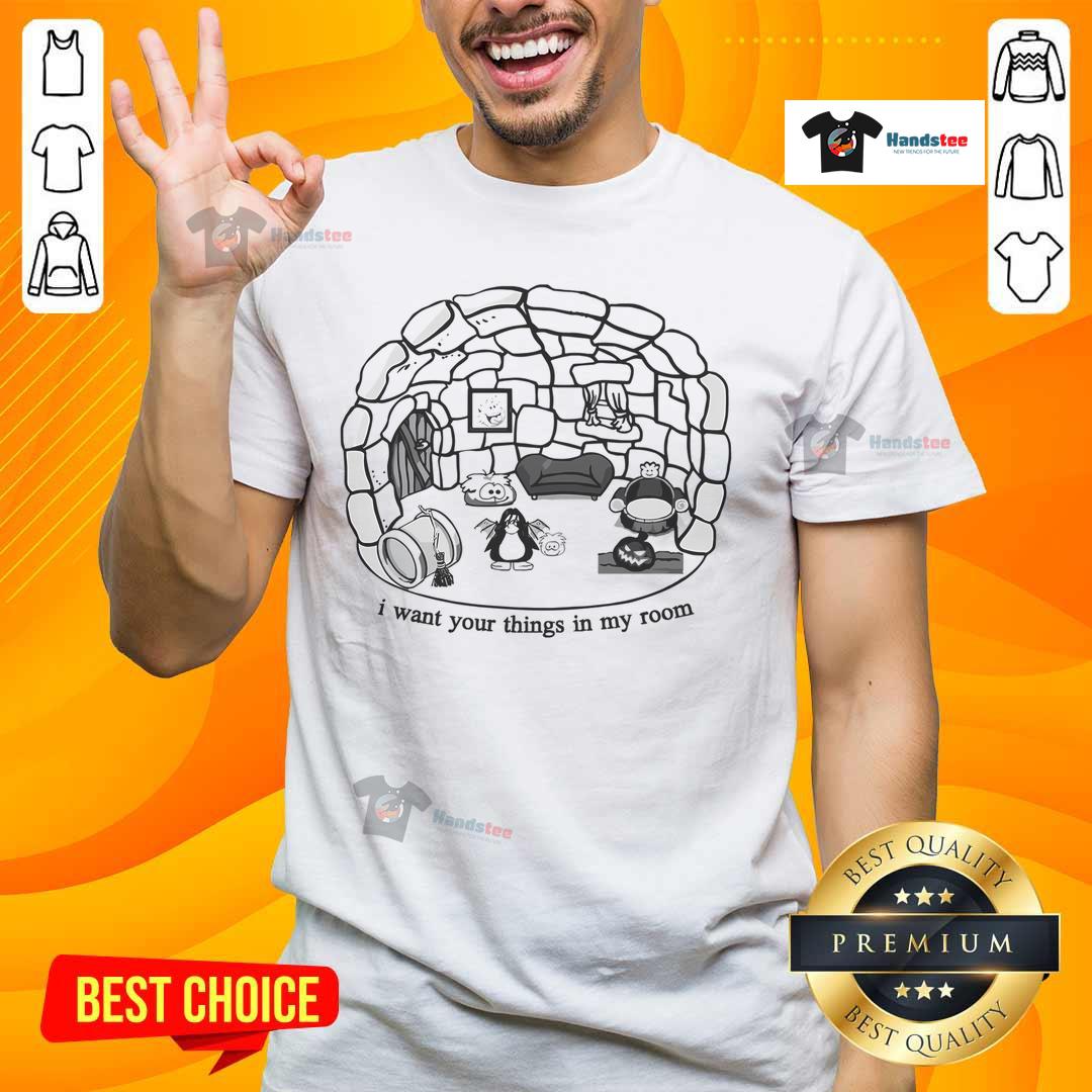 Alt Text: Cute Club Penguin I Want Your Things In My Room T-Shirt featuring playful graphics and vibrant colors for fans.