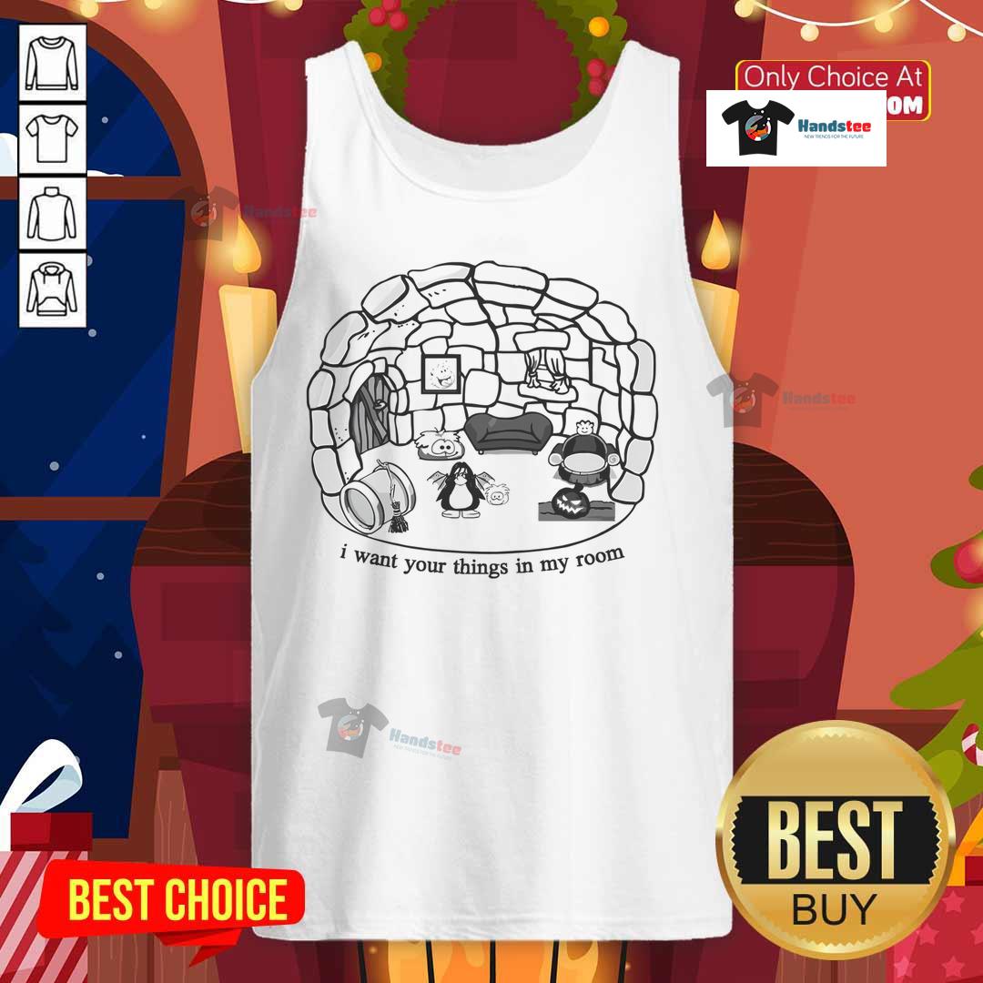 Cute Club Penguin I Want Your Things In My Room tank top featuring vibrant colors and playful design for fans.