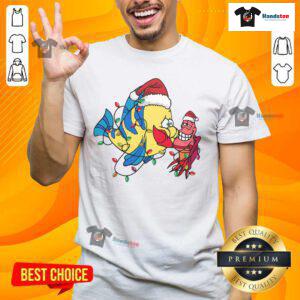 Alt Text: Cute Santa Flounder and Sebastian Christmas T-Shirt featuring vibrant colors and festive holiday designs.