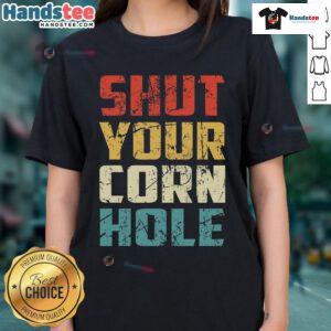 Funny bean bag toss cookout retro tee for ladies featuring 'Shut Your Cornhole' design, perfect for outdoor games.