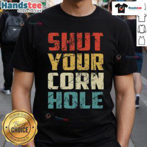 Funny Bean Bag Toss Cookout Retro T-Shirt featuring 'Shut Your Cornhole' design, perfect for summer BBQs and outdoor games.