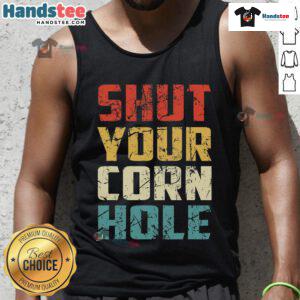 Funny Bean Bag Toss cookout tank top featuring retro 'Shut Your Cornhole' design for outdoor games and summer fun.