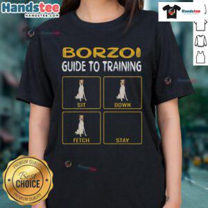 Funny Borzoi guide to training dog obedience on a ladies tee, featuring a playful dog illustration and humorous text.