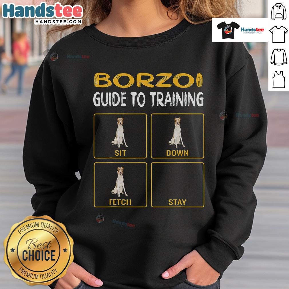 Funny Borzoi guide to training dog obedience sweatshirt design featuring a playful Borzoi illustration and humorous text.