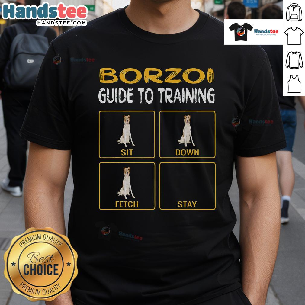 Funny Borzoi T-Shirt depicting a humorous guide to training dog obedience for pet owners and dog lovers.
