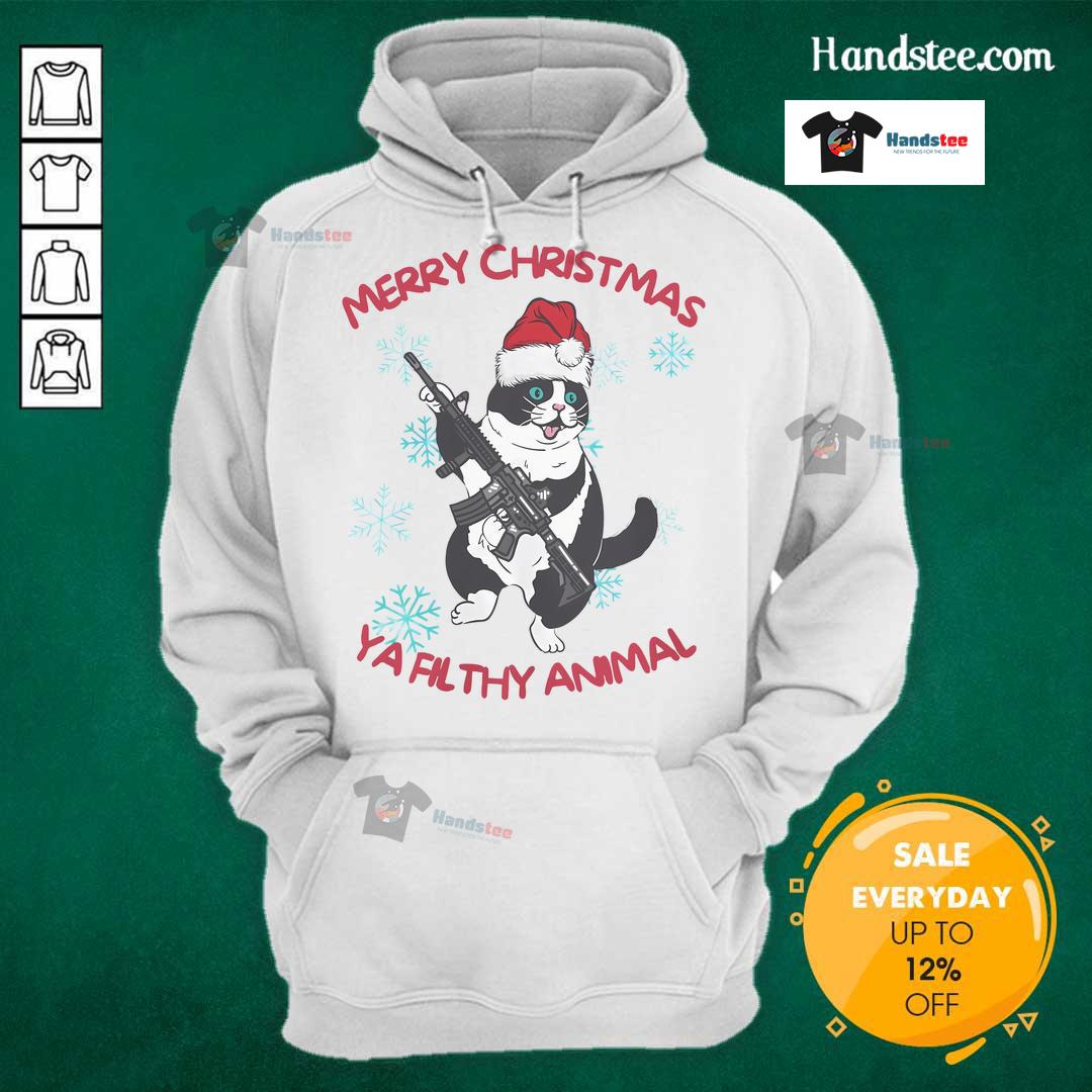 Funny cat in a hoodie with 'Merry Christmas Ya Filthy Animal' text, perfect for festive holiday apparel.