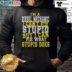 Funny Diesel Mechanic Quote 'Can't Fix Stupid' Hoodie design showcasing humor in automotive repair and maintenance.