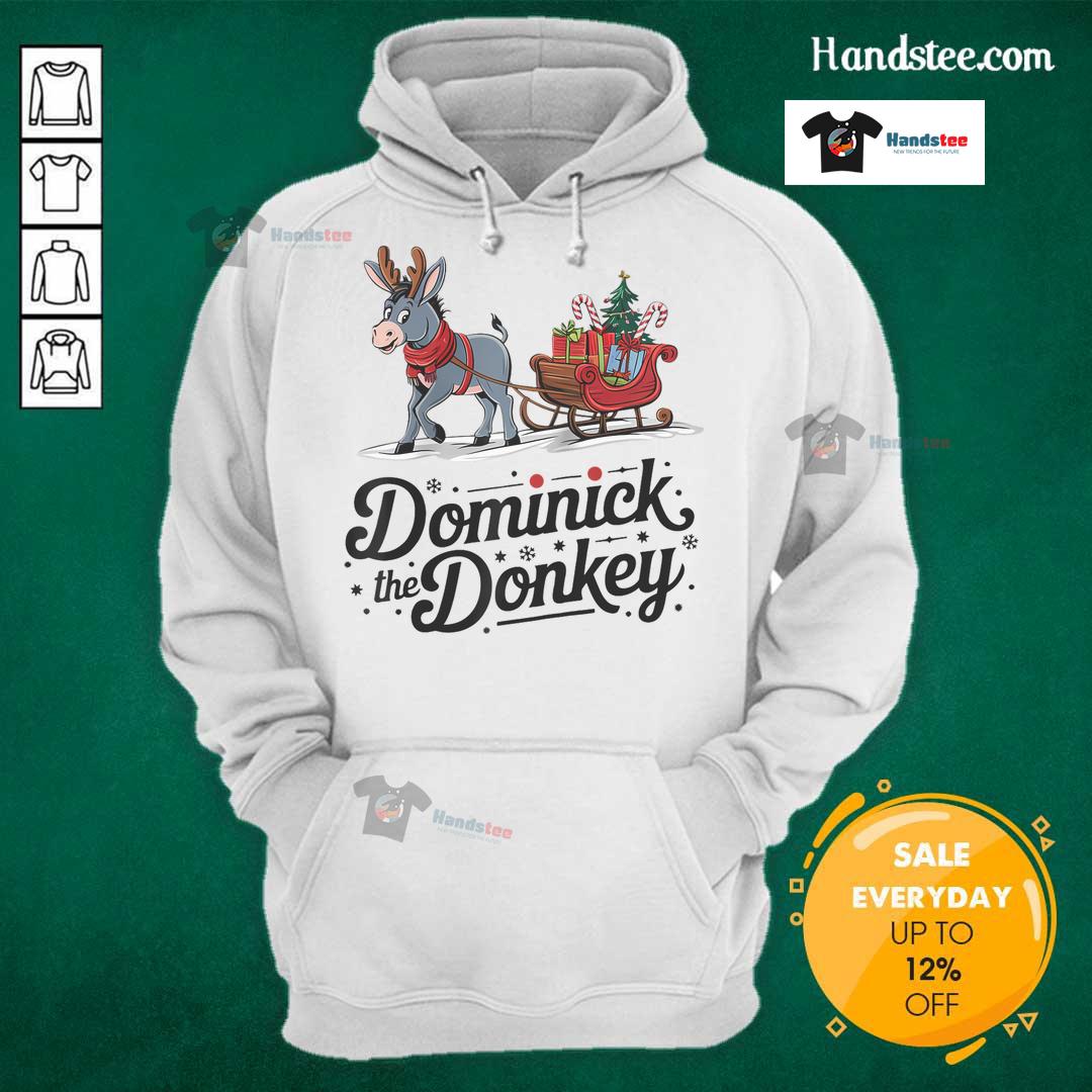 Funny Dominick the Donkey Christmas sleigh holiday hoodie design featuring a cheerful donkey in a festive scene.