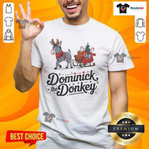 Funny Dominick The Donkey Christmas sleigh holiday T-shirt featuring a playful graphic of Dominick in a festive design.