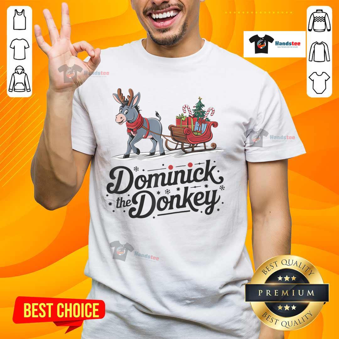 Funny Dominick The Donkey Christmas sleigh holiday T-shirt featuring a playful graphic of Dominick in a festive design.