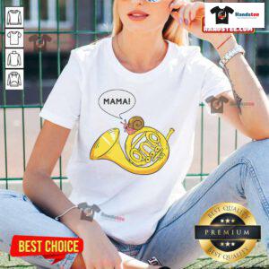 Funny French Horn Snail Mama pun graphic on a ladies tee showcasing a whimsical design for music lovers.