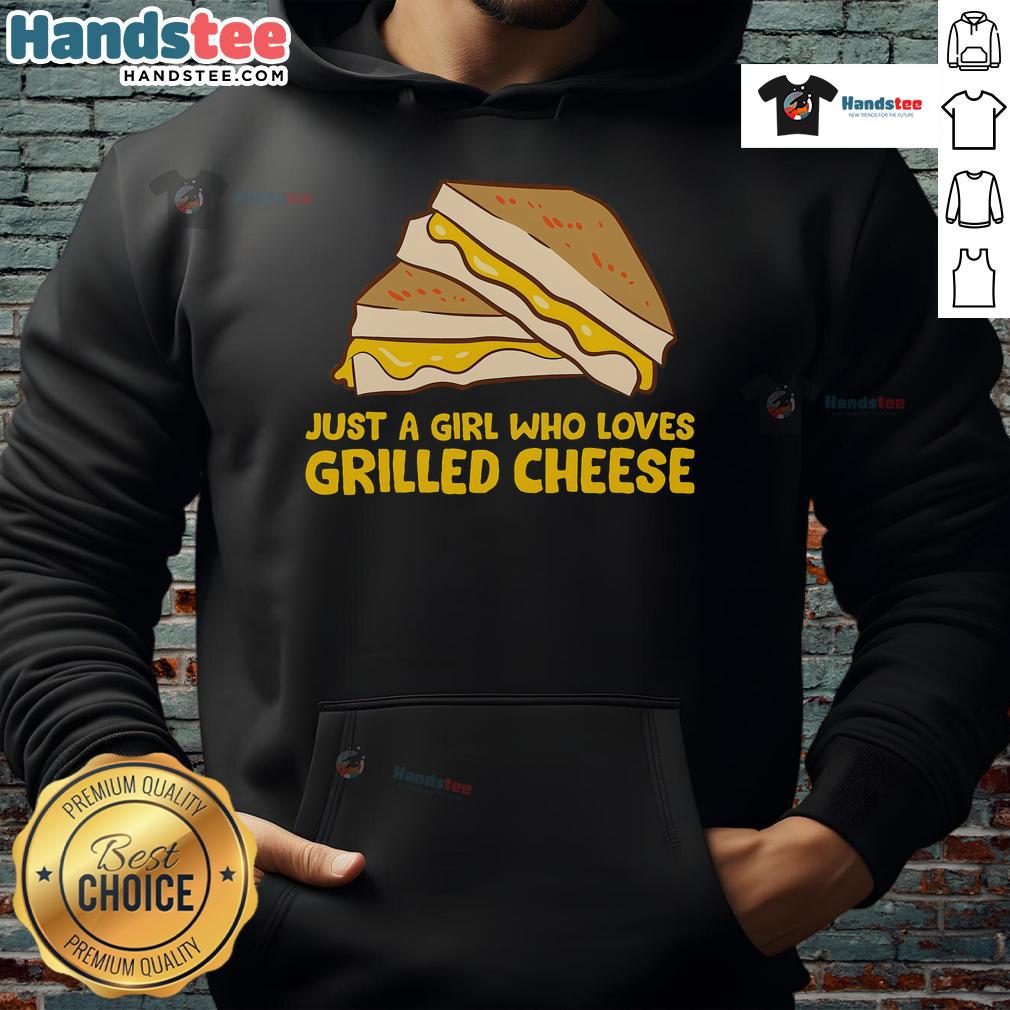 Funny grilled cheese hoodie design featuring 'Just a Girl Who Loves Grilled Cheese' text and playful graphics.
