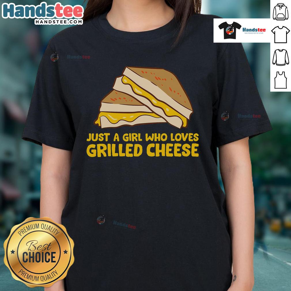 Funny Grilled Cheese tee for ladies, featuring 'Just a Girl Who Loves Grilled Cheese' design, perfect for cheese lovers.