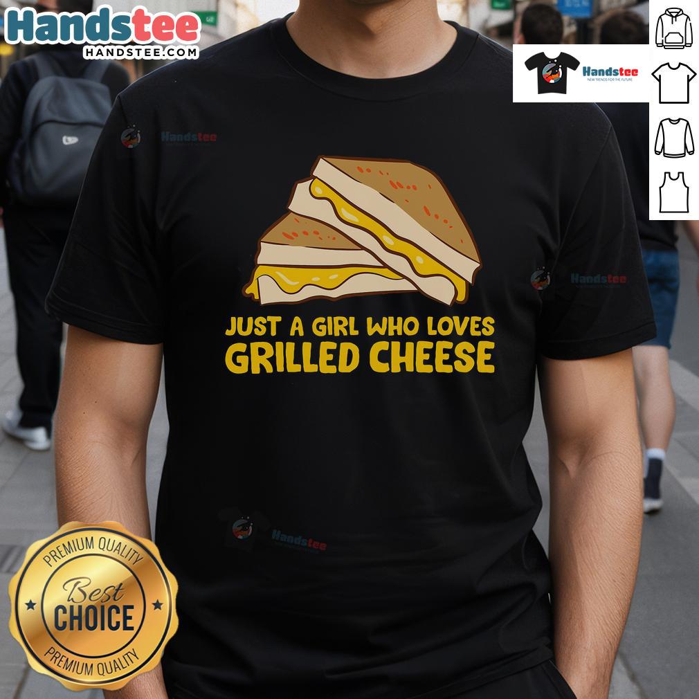 Funny Grilled Cheese t-shirt featuring 'Just A Girl Who Loves Grilled Cheese' slogan, perfect for cheese lovers.