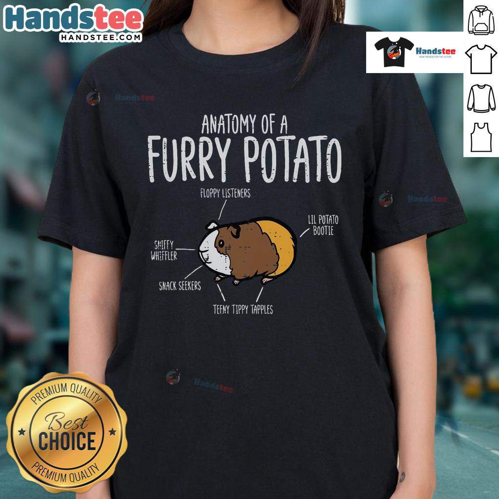Funny guinea pig anatomy graphic on a ladies tee, featuring a cute furry potato cavy design.
