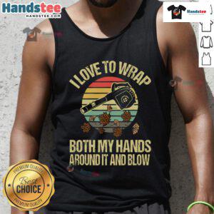 Vintage sunset tank top featuring a funny graphic of a person joyfully using a leaf blower with both hands.