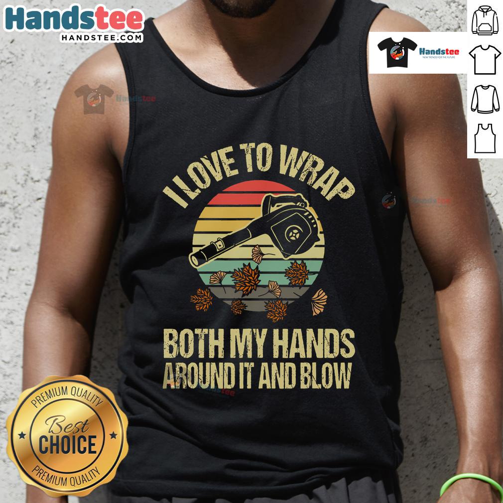 Vintage sunset tank top featuring a funny graphic of a person joyfully using a leaf blower with both hands.
