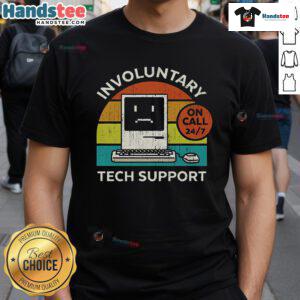 Funny Involuntary Tech Support Retro Sunset T-Shirt featuring a vibrant sunset design and humorous tech support theme.