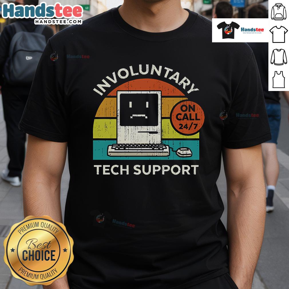 Funny Involuntary Tech Support Retro Sunset T-Shirt featuring a vibrant sunset design and humorous tech support theme.