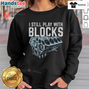 Alt Text: Funny mechanic sweatshirt featuring a playful design of blocks and a car engine, perfect for auto enthusiasts.
