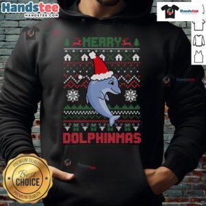 Funny Merry Dolphintmas hoodie featuring an ugly Christmas dolphin in a Santa hat, perfect for holiday cheer.