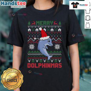 Funny Merry Dolphintmas ugly Christmas dolphin Santa ladies tee featuring a festive dolphin in a Santa hat.