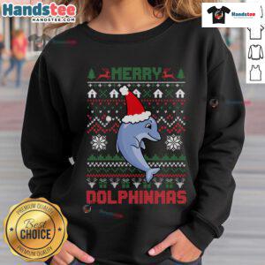 Funny Merry Dolphintmas sweatshirt featuring an ugly Christmas dolphin in a Santa hat, perfect for holiday cheer.