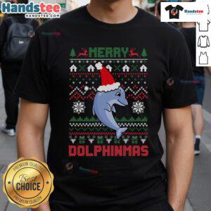 Funny Merry Dolphintmas Ugly Christmas Dolphin Santa T-Shirt design featuring a festive dolphin in a Santa hat.