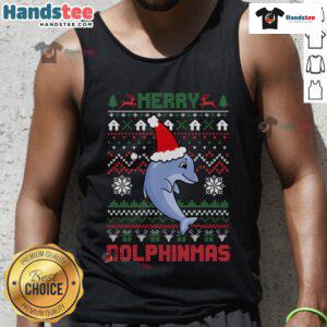Funny Merry Dolphintmas ugly Christmas dolphin Santa tank top design featuring a festive dolphin in a Santa hat.