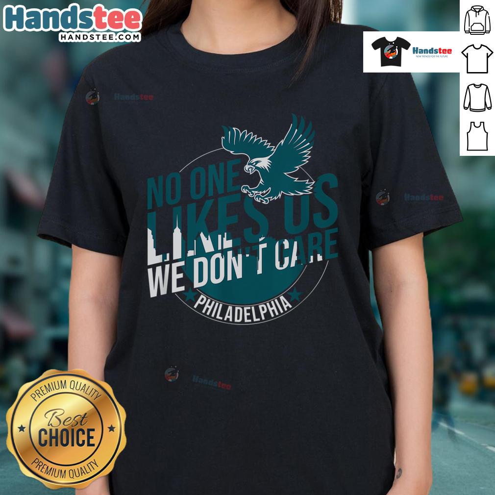 Funny vintage Philly Bird Gang ladies tee, featuring the phrase 'No One Likes Us, We Don't Care' in bold graphics.