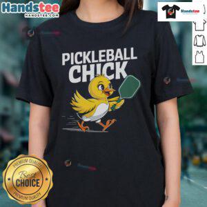 Funny pickleball chick graphic on ladies tee, showcasing a playful pickleball player design for women.