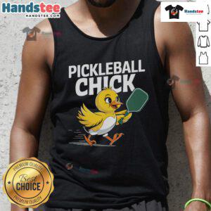 Funny pickleball chick wearing a tank top while playing pickleball, showcasing her playful spirit on the court.