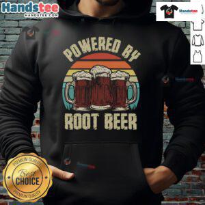 Funny Powered by Root Beer hoodie featuring a retro vintage sunset design, perfect for root beer lovers and casual wear.