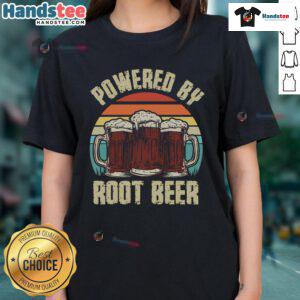 Funny Powered by Root Beer Soda retro vintage sunset ladies tee design featuring playful graphics and vibrant colors.