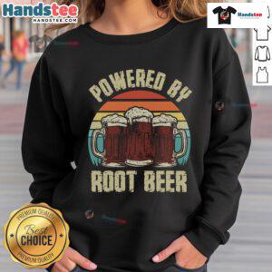 Funny Powered By Root Beer sweatshirt featuring retro vintage sunset design, perfect for root beer lovers.